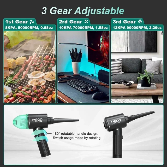 Alt view image 5 of 7 - Electric Compressed Air Duster & Vacuum, MECO Electric Air Blower, 4 in 1 Function Powerful 3-Gear to 90000RPM/12000PA Keyboard Cleaner, Rechargeable Cordless Air Duster for Computer/Car/Pet Hair