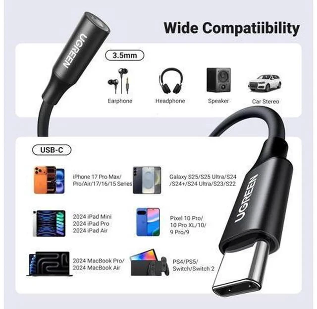 Alt view image 2 of 7 - UGREEN USB C to 3.5mm Audio Adapter Type C to Headphone Aux Jack Dongle 24bit/96kHz HiFi DAC Cable Cord Compatible with iPhone 17 16 Pro Max/16 Plus, iPad, Galaxy S25 S24 Ultra, Pixel 10, Black
