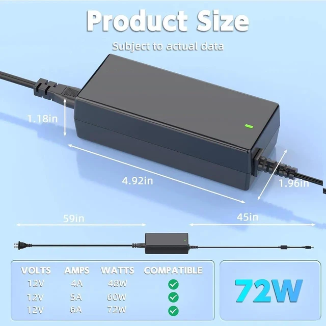 Alt view image 4 of 7 - 12V 6A 72W Power Supply (5.5x2.5mm Tip) Replacement for Sceptre EC Curved Monitor, Compatible with Supersonic SC Series
