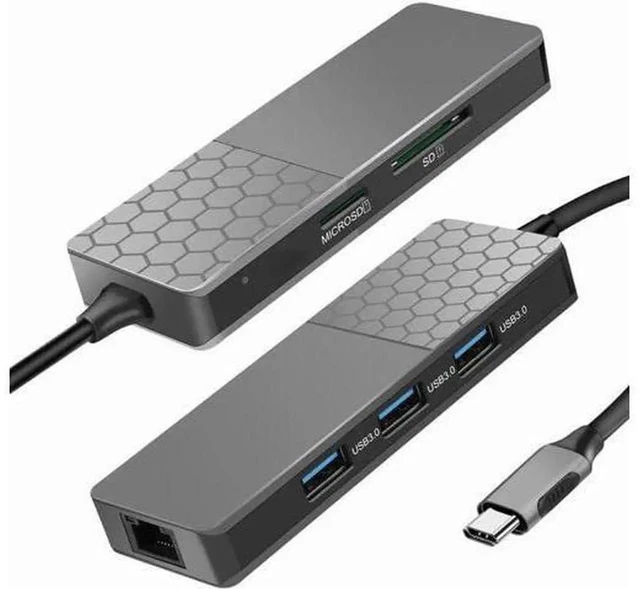 Alt view image 4 of 5 - 6 In 1Type-C Hub USB-C Type-C Hub Docking Station USB 3.0 / RJ45 Fast Speed Transfer SD TF Card Reader Adaptors Charger Hub