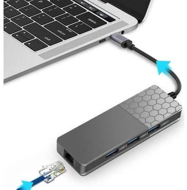 Alt view image 2 of 5 - 6 In 1Type-C Hub USB-C Type-C Hub Docking Station USB 3.0 / RJ45 Fast Speed Transfer SD TF Card Reader Adaptors Charger Hub