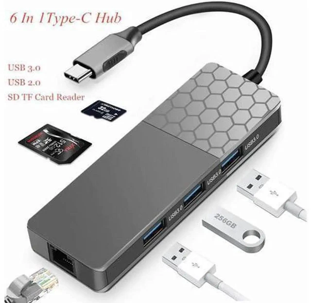 Main image of 6 In 1Type-C Hub USB-C Type-C Hub Docking Station USB 3.0 / RJ45 Fast Speed Transfer SD TF Card Reader Adaptors Charger Hub