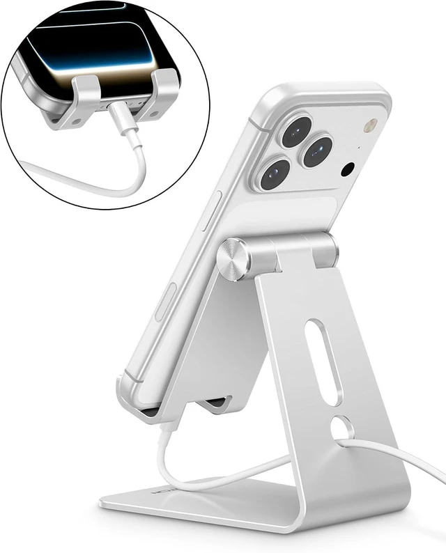 Alt view image 3 of 7 - Adjustable Aluminum Cell Phone Stand with Charging Cutout, Silver