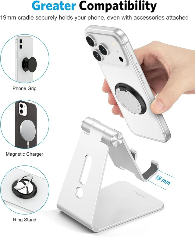 Alt view image 7 of 7 - Adjustable Aluminum Cell Phone Stand with Charging Cutout, Silver
