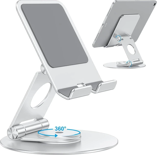 Main image of Swivel Tablet Stand for iPad with 360 Rotating Base, Foldable Adjustable Holder for Drawing, Compatible with iPad Pro/Air/Mini and More, Silver