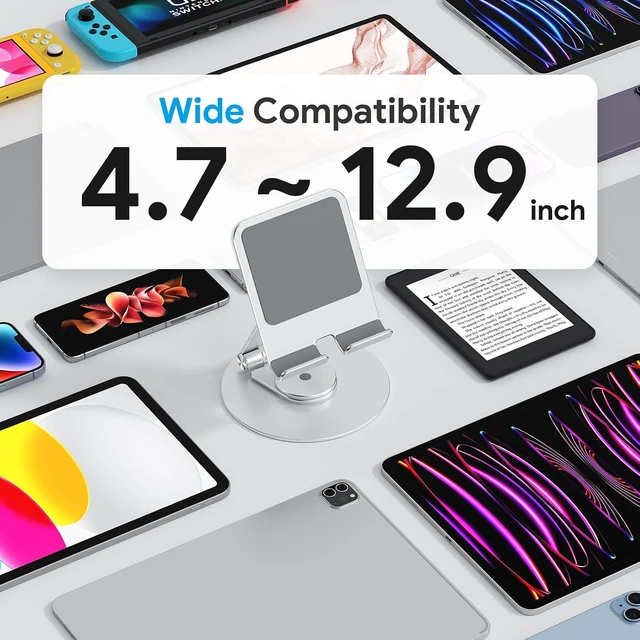 Alt view image 4 of 7 - Swivel Tablet Stand for iPad with 360 Rotating Base, Foldable Adjustable Holder for Drawing, Compatible with iPad Pro/Air/Mini and More, Silver
