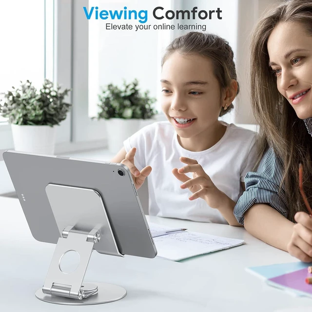 Alt view image 2 of 7 - Swivel Tablet Stand for iPad with 360 Rotating Base, Foldable Adjustable Holder for Drawing, Compatible with iPad Pro/Air/Mini and More, Silver