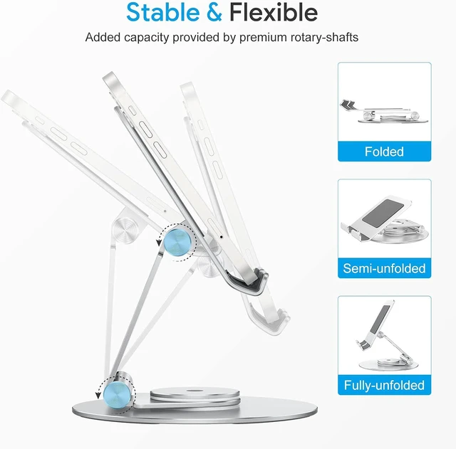 Alt view image 7 of 7 - Swivel Tablet Stand for iPad with 360 Rotating Base, Foldable Adjustable Holder for Drawing, Compatible with iPad Pro/Air/Mini and More, Silver