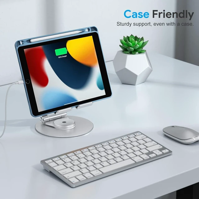 Alt view image 5 of 7 - Swivel Tablet Stand for iPad with 360 Rotating Base, Foldable Adjustable Holder for Drawing, Compatible with iPad Pro/Air/Mini and More, Silver