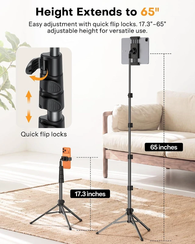 Alt view image 2 of 7 - 65" Tablet Floor Stand Tripod for iPad with Remote, 360°Phone Holder