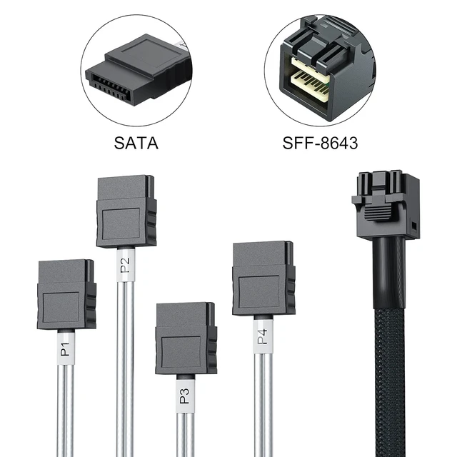 Alt view image 6 of 7 - 10Gtek MiniSAS HD SFF-8643 Breakout to 4xSATA Cable, 0.5m/1.6ft