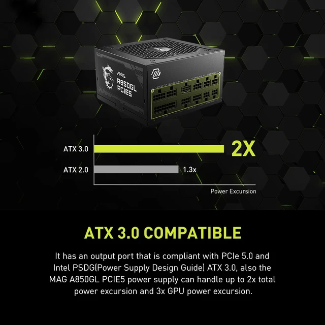 Alt view image 2 of 7 - MAG A850GL PCIE5, Fully Modular Compact Gaming 850W Power Supply, 80+ Gold, ATX 3.1 & PCIe 5.1 Ready, Native Dual-Color 12V-2x6 Cable