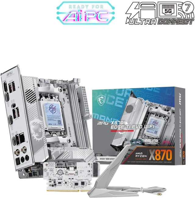 Main image of MSI MPG X870I EDGE TI EVO WIFI AM5 Mini-ITX White Motherboard, DDR5 10000+ OC, 8+2+1 Power, PCIe 5.0, 3x M.2, Wi-Fi 7, 5G LAN, USB4, ALC4080 Audio