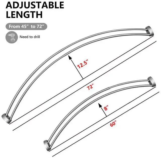 Alt view image 4 of 7 - Utopia Alley Adjustable Double Curved Shower Rod, 45-72 Aluminum, Rust Proof, Extra 30% Space, Need Drilling, Chrome