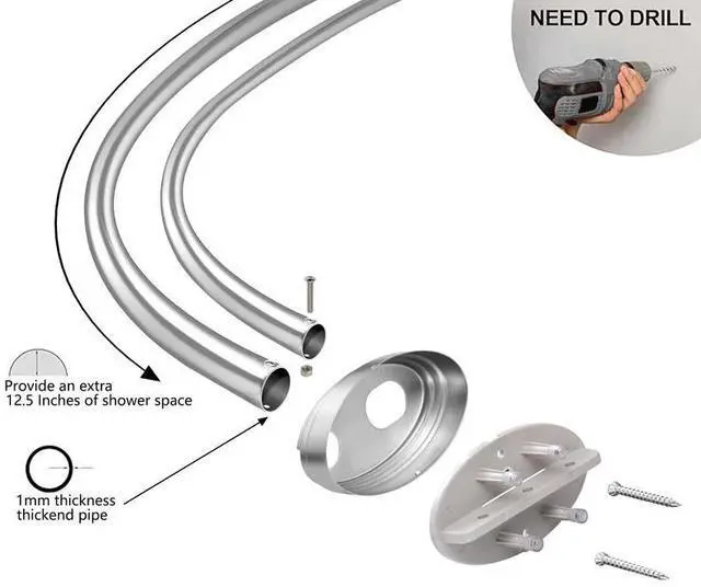 Alt view image 3 of 7 - Utopia Alley Adjustable Double Curved Shower Rod, 45-72 Aluminum, Rust Proof, Extra 30% Space, Need Drilling, Chrome