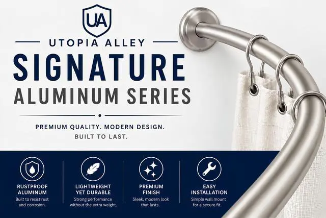 Alt view image 2 of 7 - Utopia Alley Signature Aluminum Series Curved Shower Curtain Rod - Rustproof Aluminum Wall Mount Rod, Adjustable 45 to 72 Inch, Adds Up to 8 Inches of Extra Shower Space, Brushed Nickel Finish