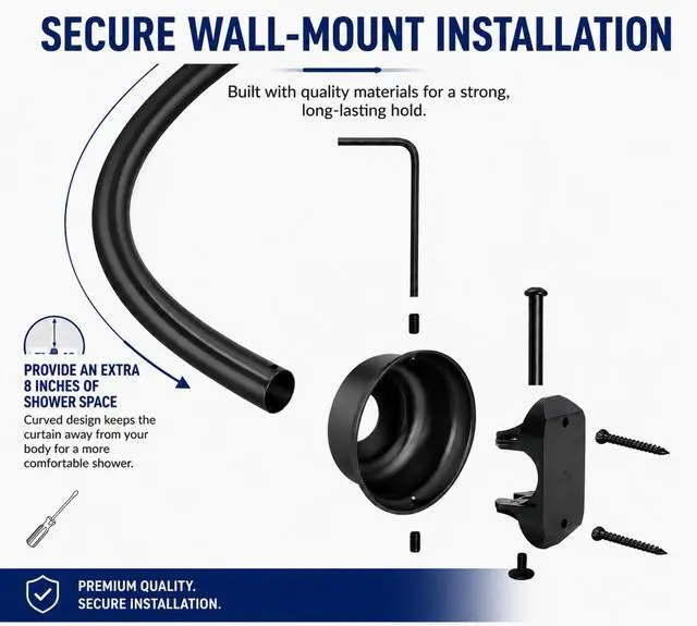 Alt view image 7 of 7 - Utopia Alley Signature Aluminum Series Curved Shower Curtain Rod - Rustproof Aluminum Wall Mount Rod, Adjustable 45 to 72 Inch, Adds Up to 8 Inches of Extra Shower Space, Brushed Nickel Finish