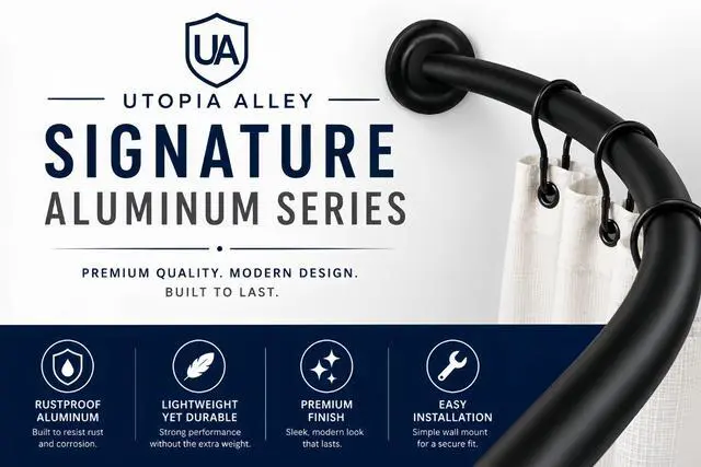 Alt view image 2 of 7 - Utopia Alley Signature Aluminum Series Curved Shower Curtain Rod - Rustproof Aluminum Wall Mount Rod, Adjustable 45 to 72 Inch, Adds Up to 8 Inches of Extra Shower Space, Matt Black Finish