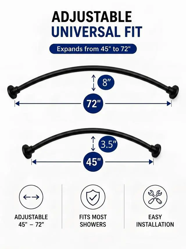 Alt view image 5 of 7 - Shower Suite by Utopia Alley - Rustproof Aluminum Curved Shower Curtain Rod Combo Set with Liner & 12 Hooks, Adjustable 45-72 Inch Wall Mount Rod, Chrome Finish