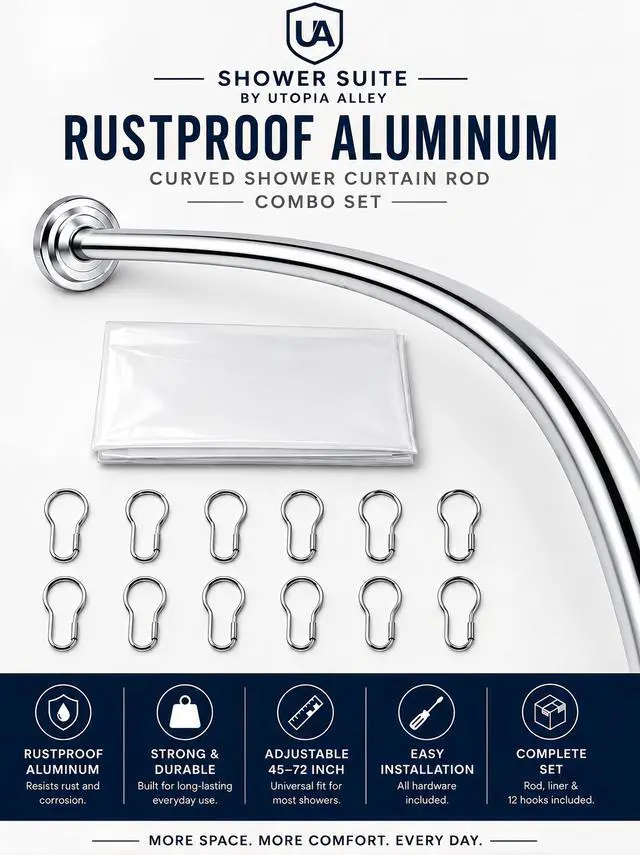 Alt view image 2 of 7 - Shower Suite by Utopia Alley - Rustproof Aluminum Curved Shower Curtain Rod Combo Set with Liner & 12 Hooks, Adjustable 45-72 Inch Wall Mount Rod, Chrome Finish