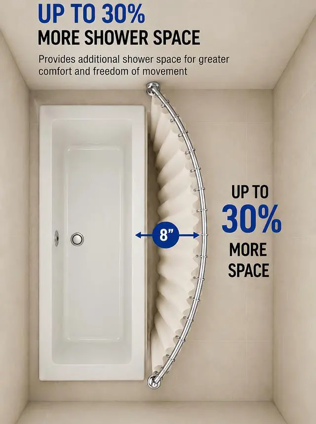 Alt view image 4 of 7 - Shower Suite by Utopia Alley - Rustproof Aluminum Curved Shower Curtain Rod Combo Set with Liner & 12 Hooks, Adjustable 45-72 Inch Wall Mount Rod, Chrome Finish