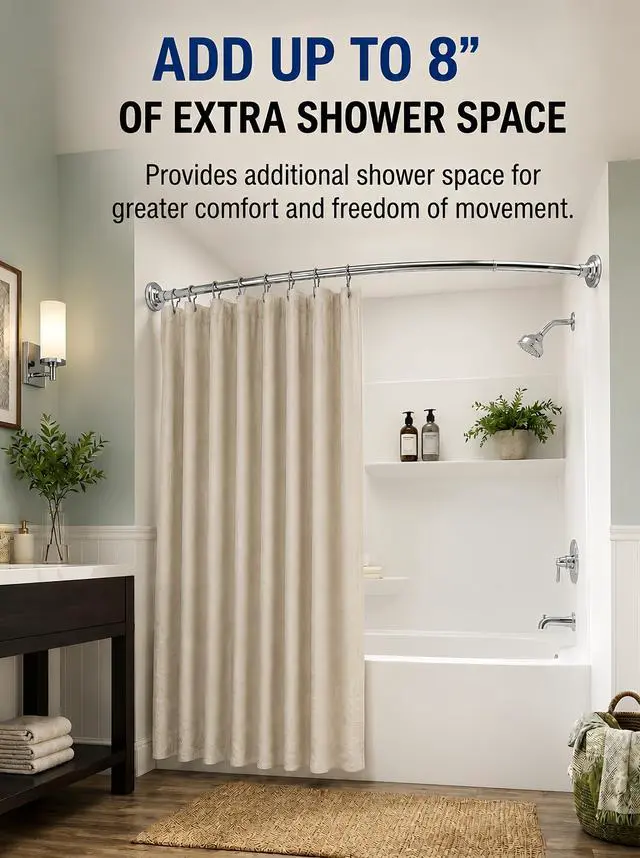 Alt view image 3 of 7 - Shower Suite by Utopia Alley - Rustproof Aluminum Curved Shower Curtain Rod Combo Set with Liner & 12 Hooks, Adjustable 45-72 Inch Wall Mount Rod, Chrome Finish
