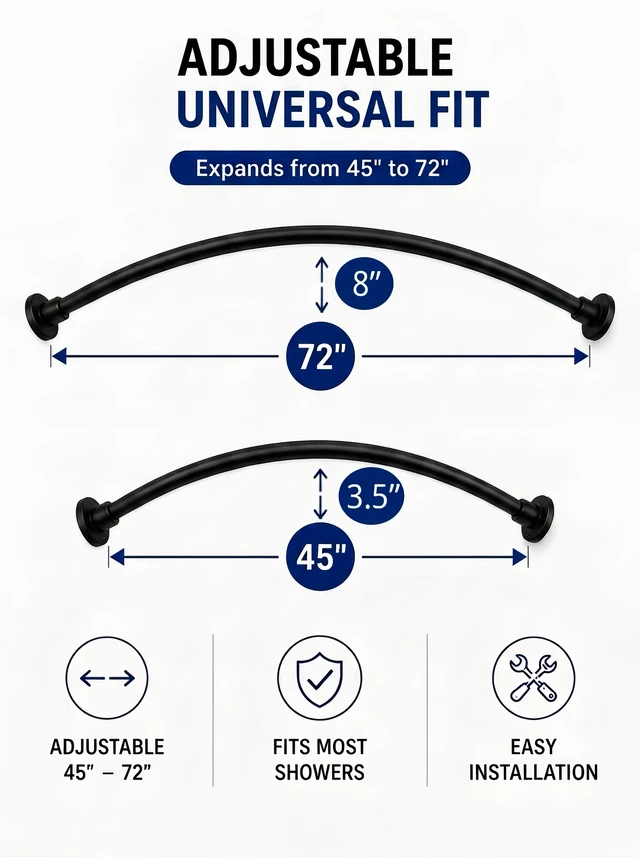 Alt view image 5 of 7 - Shower Suite by Utopia Alley - Rustproof Aluminum Curved Shower Curtain Rod Combo Set with Liner & 12 Hooks, Adjustable 45-72 Inch Wall Mount Rod, Brushed Nickel Finish