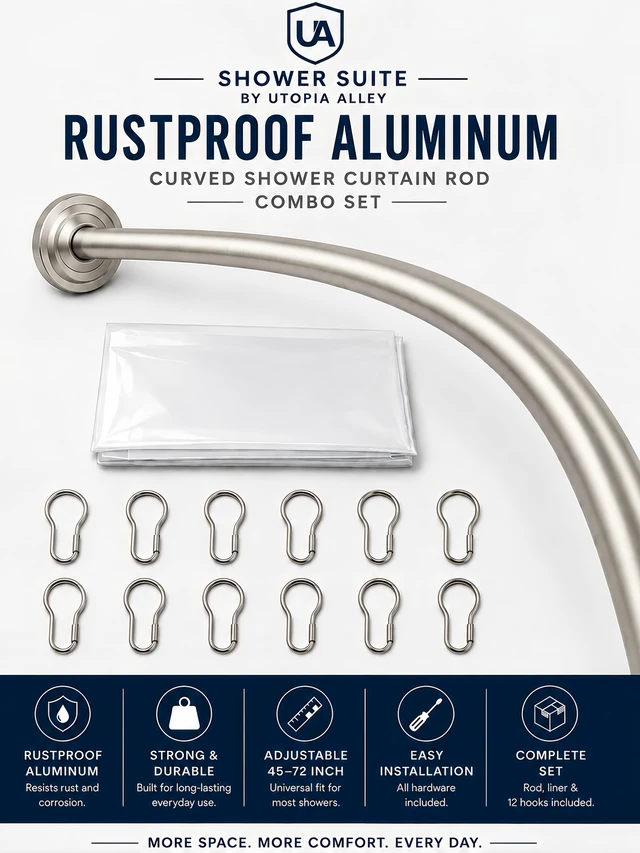 Alt view image 2 of 7 - Shower Suite by Utopia Alley - Rustproof Aluminum Curved Shower Curtain Rod Combo Set with Liner & 12 Hooks, Adjustable 45-72 Inch Wall Mount Rod, Brushed Nickel Finish