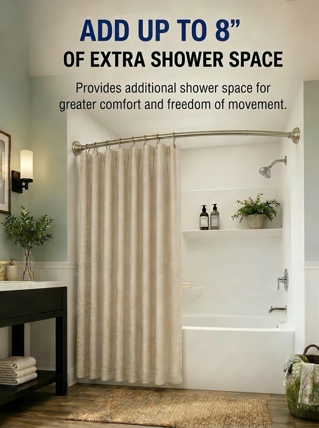Alt view image 3 of 7 - Shower Suite by Utopia Alley - Rustproof Aluminum Curved Shower Curtain Rod Combo Set with Liner & 12 Hooks, Adjustable 45-72 Inch Wall Mount Rod, Brushed Nickel Finish
