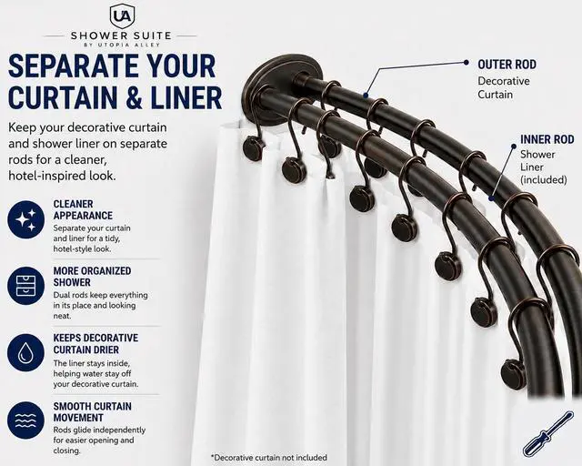 Alt view image 3 of 7 - Shower Suite by Utopia Alley Rustproof Aluminum Double Curved Shower Curtain Rod Combo Set with Liner & 24 Hooks, Adjustable 4572 Inch Wall Mounted Dual Rod, Oil Rubbed Bronze