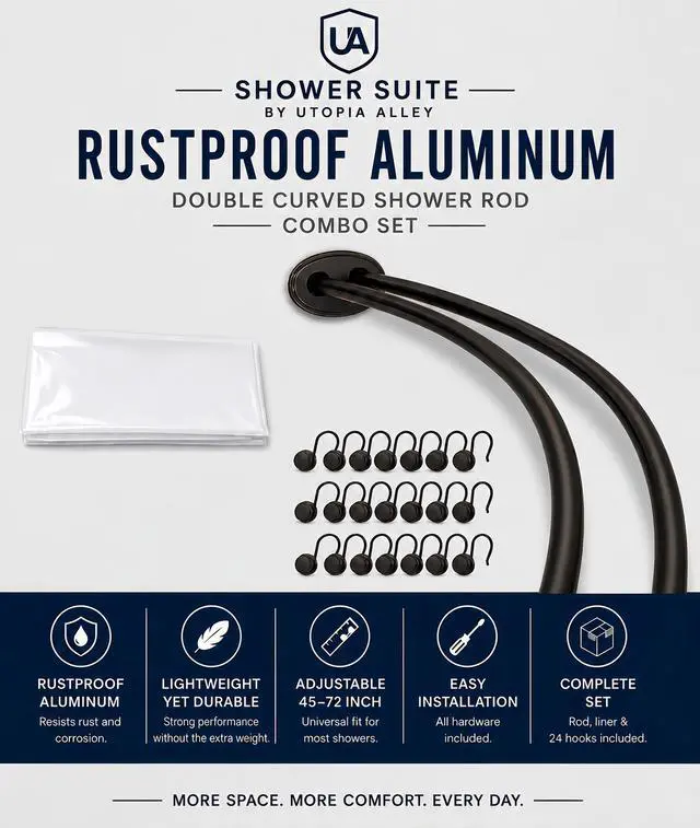Alt view image 2 of 7 - Shower Suite by Utopia Alley Rustproof Aluminum Double Curved Shower Curtain Rod Combo Set with Liner & 24 Hooks, Adjustable 4572 Inch Wall Mounted Dual Rod, Oil Rubbed Bronze