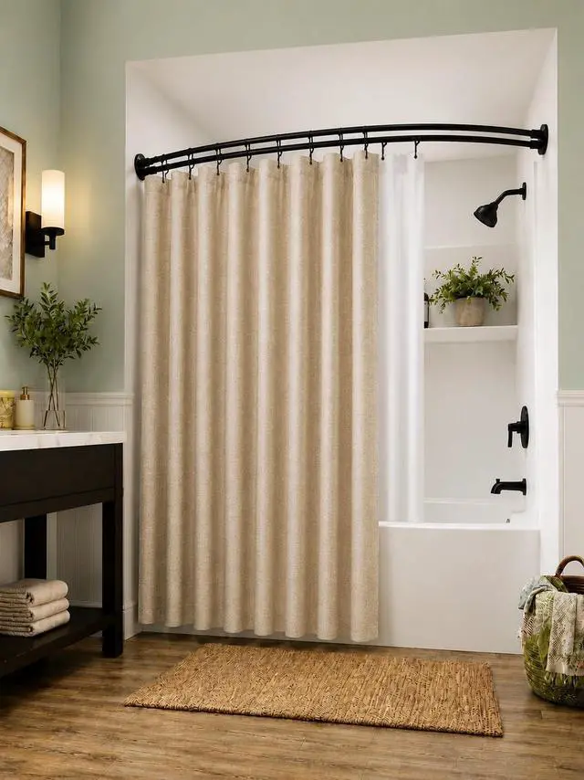 Alt view image 6 of 7 - Shower Suite by Utopia Alley Rustproof Aluminum Double Curved Shower Curtain Rod Combo Set with Liner & 24 Hooks, Adjustable 4572 Inch Wall Mounted Dual Rod, Oil Rubbed Bronze