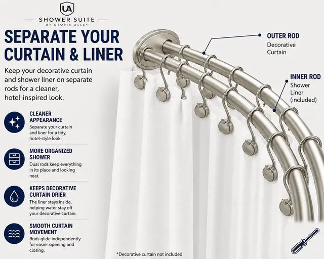 Alt view image 3 of 7 - Shower Suite by Utopia Alley Rustproof Aluminum Double Curved Shower Curtain Rod Combo Set with Liner & 24 Hooks, Adjustable 4572 Inch Wall Mounted Dual Rod, Brushed Nickel