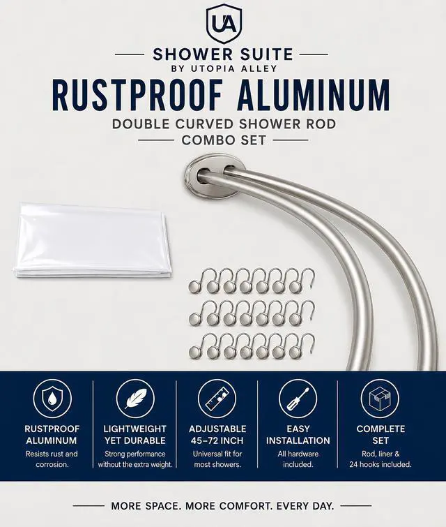 Alt view image 2 of 7 - Shower Suite by Utopia Alley Rustproof Aluminum Double Curved Shower Curtain Rod Combo Set with Liner & 24 Hooks, Adjustable 4572 Inch Wall Mounted Dual Rod, Brushed Nickel