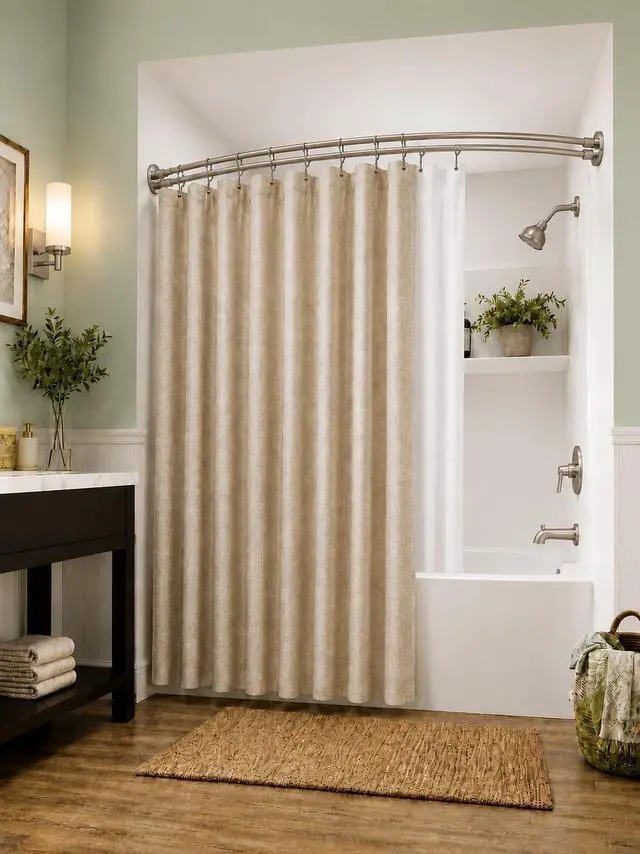 Alt view image 6 of 7 - Shower Suite by Utopia Alley Rustproof Aluminum Double Curved Shower Curtain Rod Combo Set with Liner & 24 Hooks, Adjustable 4572 Inch Wall Mounted Dual Rod, Brushed Nickel