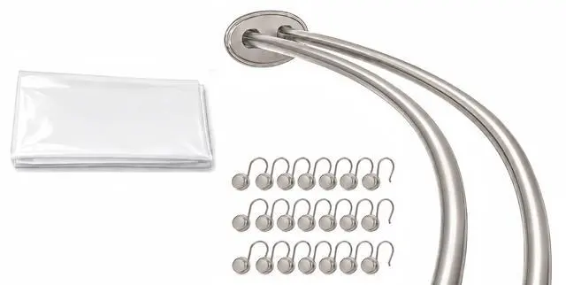 Main image of Shower Suite by Utopia Alley Rustproof Aluminum Double Curved Shower Curtain Rod Combo Set with Liner & 24 Hooks, Adjustable 4572 Inch Wall Mounted Dual Rod, Brushed Nickel