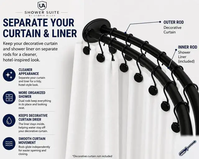 Alt view image 3 of 7 - Shower Suite by Utopia Alley Rustproof Aluminum Double Curved Shower Curtain Rod Combo Set with Liner & 24 Hooks, Adjustable 4572 Inch Wall Mounted Dual Rod, Matte Black
