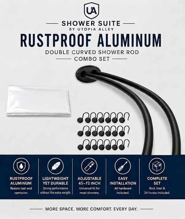 Alt view image 2 of 7 - Shower Suite by Utopia Alley Rustproof Aluminum Double Curved Shower Curtain Rod Combo Set with Liner & 24 Hooks, Adjustable 4572 Inch Wall Mounted Dual Rod, Matte Black
