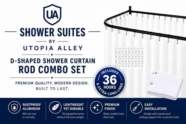 Alt view image 2 of 7 - Shower Suites By Utopia Alley D-Shaped Shower Curtain Rod for Freestanding Tubs - Shower Solution with Extra-Long Fabric Shower Curtain & 36 Hooks, Rustproof Aluminum, 60x25", Oil Rubbed Bronze