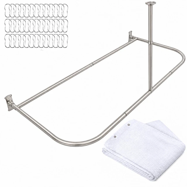 Main image of Shower Suites By Utopia Alley D-Shaped Shower Curtain Rod for Freestanding Tubs - Complete Shower Solution with Extra-Long Fabric Shower Curtain & 36 Hooks, Rustproof Aluminum, 60x25", Brushed Nickel