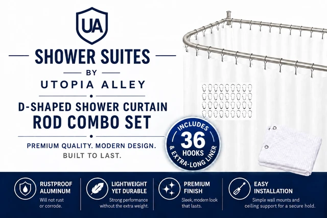 Alt view image 2 of 7 - Shower Suites By Utopia Alley D-Shaped Shower Curtain Rod for Freestanding Tubs - Complete Shower Solution with Extra-Long Fabric Shower Curtain & 36 Hooks, Rustproof Aluminum, 60x25", Brushed Nickel