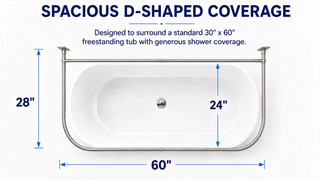 Alt view image 4 of 7 - Shower Suites By Utopia Alley D-Shaped Shower Curtain Rod for Freestanding Tubs - Complete Shower Solution with Extra-Long Fabric Shower Curtain & 36 Hooks, Rustproof Aluminum, 60x25", Brushed Nickel