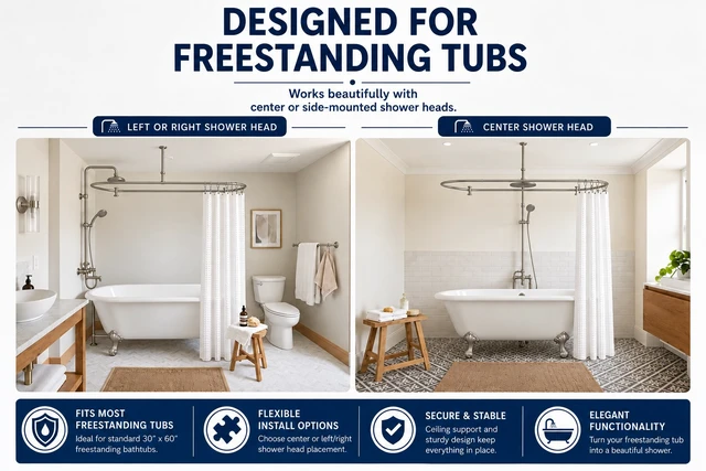 Alt view image 7 of 7 - Shower Suites By Utopia Alley D-Shaped Shower Curtain Rod for Freestanding Tubs - Complete Shower Solution with Extra-Long Fabric Shower Curtain & 36 Hooks, Rustproof Aluminum, 60x25", Brushed Nickel