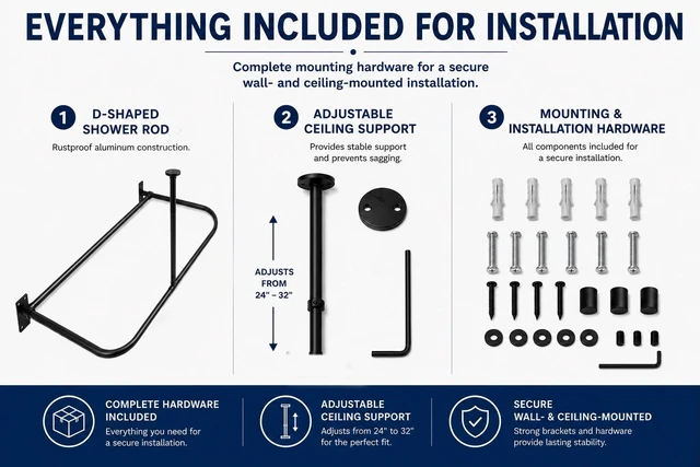 Alt view image 6 of 7 - Shower Suites By Utopia Alley D-Shaped Shower Curtain Rod for Freestanding Tubs - Complete Shower Solution with Extra-Long Fabric Shower Curtain & 36 Hooks, Rustproof Aluminum, 60" x 25", Matte Black