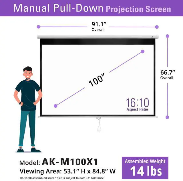 Alt view image 5 of 7 - 100 Inch Manual Pull Down Projector Screen, 16:10 Retractable Projection Screen, 4K 8K HD Ready, Wall or Ceiling Mount, Auto-Locking Indoor Home Theater Screen, White Case (AK-M100X1)