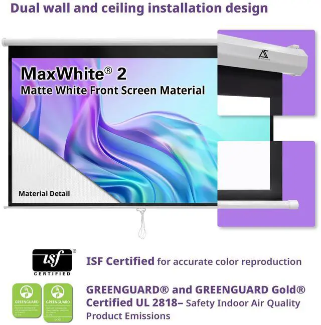 Alt view image 7 of 7 - 100 Inch Manual Pull Down Projector Screen, 16:10 Retractable Projection Screen, 4K 8K HD Ready, Wall or Ceiling Mount, Auto-Locking Indoor Home Theater Screen, White Case (AK-M100X1)