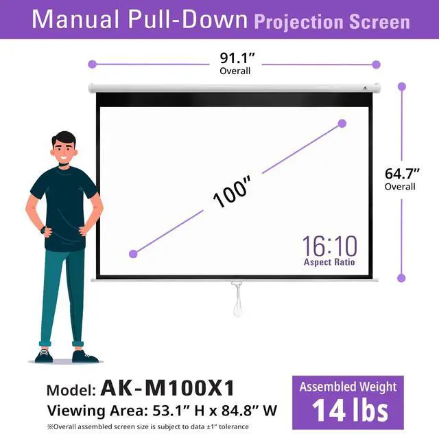 Alt view image 6 of 7 - 100 Inch Manual Pull Down Projector Screen, 16:10 Retractable Projection Screen, 4K 8K HD Ready, Wall or Ceiling Mount, Auto-Locking Indoor Home Theater Screen, White Case (AK-M100X1)