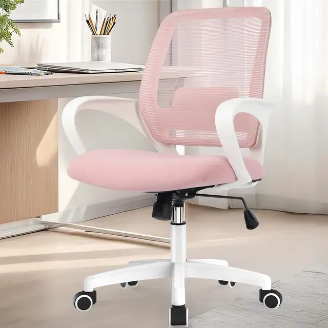 Main image of Office Desk Ergonomic Mesh Computer Chair with Lumbar Support Adjustable Height Swivel Rolling Wheels Comfy Mid Back Task Chair for Home Bedroom Vanity Study (Pastel Pink)