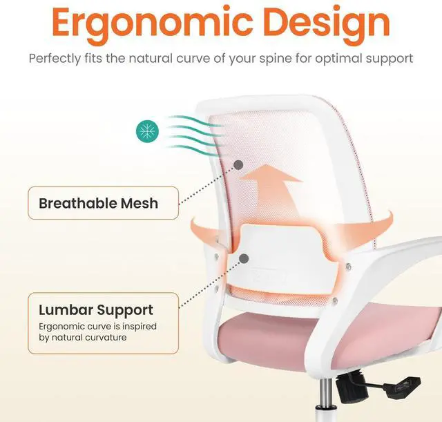 Alt view image 3 of 6 - Office Desk Ergonomic Mesh Computer Chair with Lumbar Support Adjustable Height Swivel Rolling Wheels Comfy Mid Back Task Chair for Home Bedroom Vanity Study (Pastel Pink)