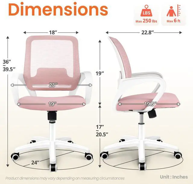 Alt view image 2 of 6 - Office Desk Ergonomic Mesh Computer Chair with Lumbar Support Adjustable Height Swivel Rolling Wheels Comfy Mid Back Task Chair for Home Bedroom Vanity Study (Pastel Pink)